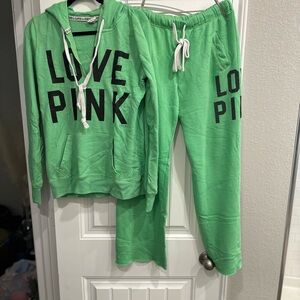 PINK Victoria's Secret Green 'LOVE PINK' Hoodie & Sweatpants Set